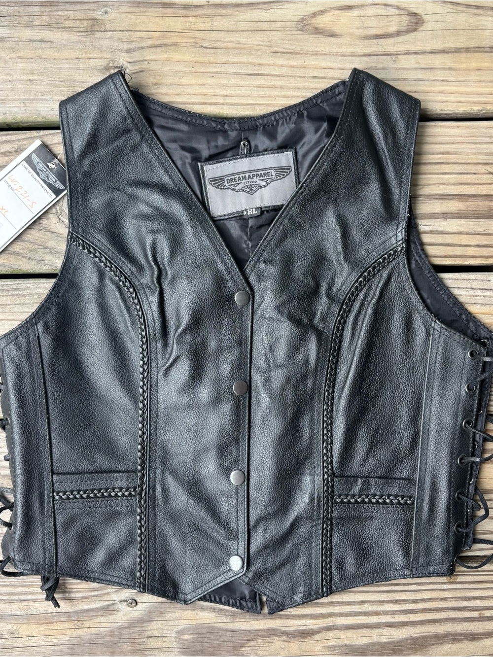 Women’s 100% Leather Motorcycle Vest with Laces and Braid Detail - NWT